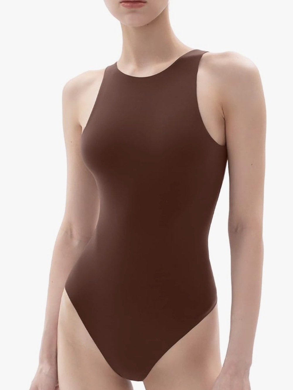 Pumiey C202 Women's High Neck Sleeveless Bodysuit Tank Top Brown Med Butter Soft